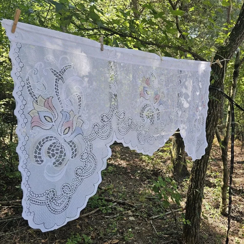 Romantic White Floral Lace Window Valance With Pops Of Color, From Turkey